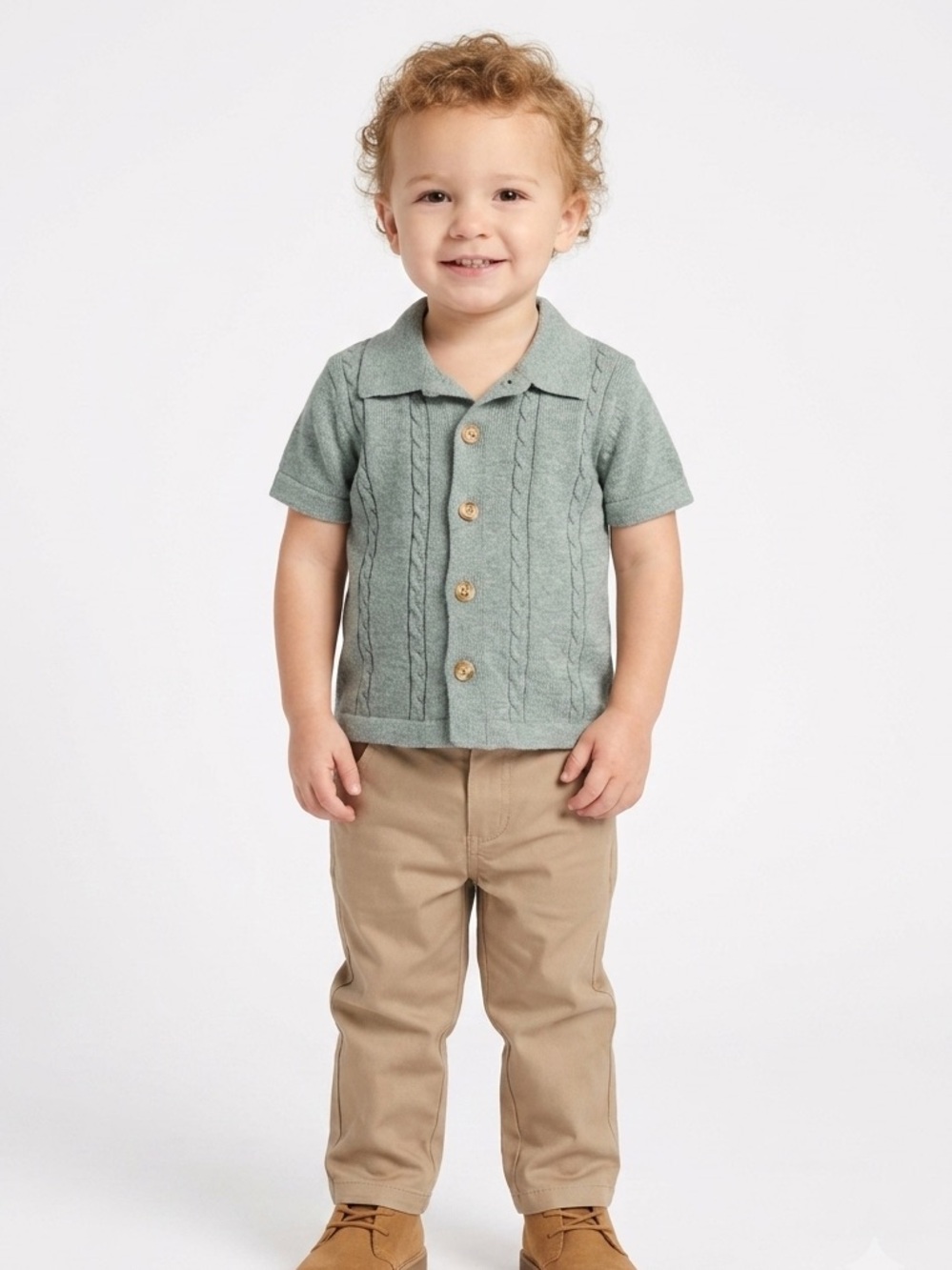 🎉 (12m) Perry Ellis Toddler Boy 2 PC Set - Cable Knit Button Down Shirt + Khakis - Picture 1 of 6